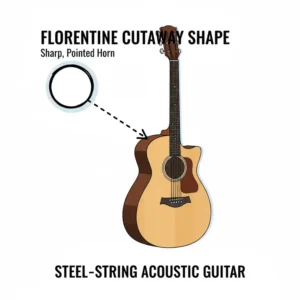 Diagram highlighting the sharper, more pointed horn of a Florentine cutaway on a steel-string cutaway acoustic guitar. 