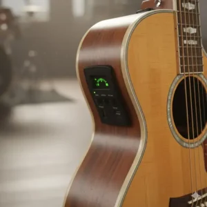 Detail of the preamp controls and tuner on the side of a dean acoustic electric guitar body.