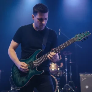 Professional photograph of a sleek, modern fanned fret electric guitar being played by a guitarist, showcasing its ergonomic features. 