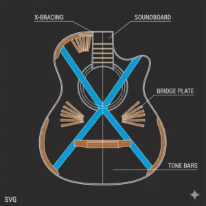 Diagram illustrating the internal X-bracing structure of a typical flat top guitar top. 