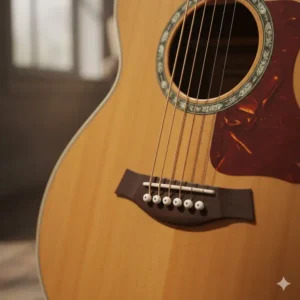 Close-up of the bridge and saddle on a greg bennett acoustic guitar, critical components for intonation and tone.