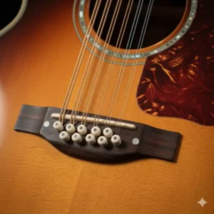 The unique compensated saddle and rosewood bridge of a Guild 12 string guitar. 