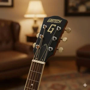 Close-up of the Gretsch logo on the headstock of a jim dandy guitar, showing the open-gear tuning machines.