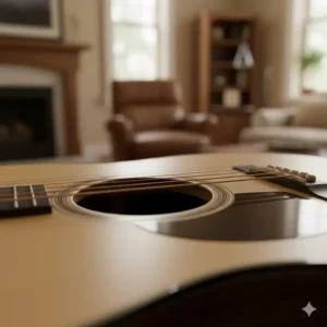 The simple, classic multi-stripe rosette around the soundhole of a Martin D-18 guitar. 