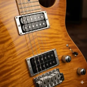 Custom-designed humbucker pickups and volume/tone knobs on the arched top of a peavey wolfgang guitar.