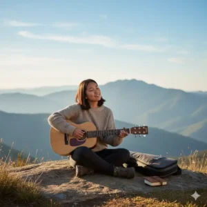 A musician enjoying playing their **Martin mini guitar** while relaxing outdoors. 