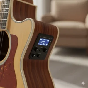 Detailed shot of the onboard preamp and EQ controls for the left handed acoustic electric guitar pickup system.