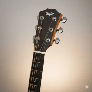 Detailed view of the headstock and chrome tuners on a Taylor Big Baby guitar acoustic guitar.