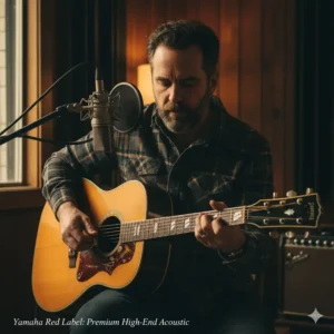 A professional musician playing a high-end Yamaha "Red Label" instrument, highlighting the best yamaha acoustic guitar vintage aesthetic and premium build. 