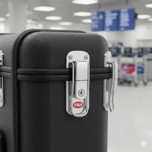 Close-up of a TSA-approved locking latch on a flight-ready, molded dreadnought guitar case for secure air travel. 