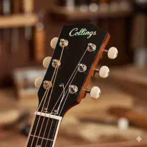 Detailed image of the elegant, distinctive Collings logo on an acoustic guitar headstock. 