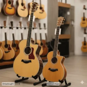 Comparison of a larger dreadnought and smaller concert size flat top guitar body shapes. 