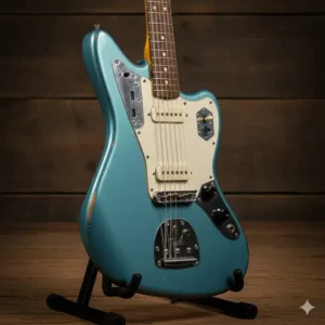 A Lake Placid Blue Fender Jaguar, an offset guitar with a short scale.