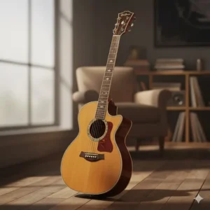 Detailed view of the intricate rosette around the soundhole of a greg bennett acoustic guitar, highlighting craftsmanship.