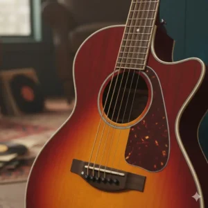 Detail of the soundhole and rosette on a Gretsch jim dandy guitar, highlighting the classic white and black ring design.