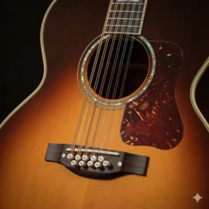 Detailed image of the decorative soundhole rosette on a classic Guild 12 string guitar. 