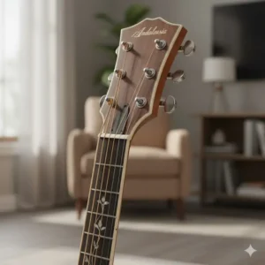 The headstock and smooth chrome tuning machines of a left handed acoustic electric guitar.