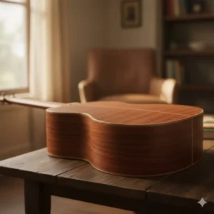 Clear view of the beautiful mahogany wood grain on the back and sides of the Martin D-18, highlighting its construction. 