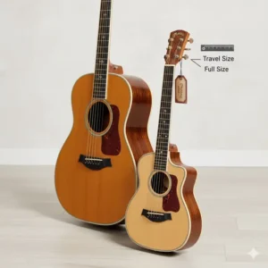 **Martin mini guitar** size compared to a standard dreadnought, highlighting its smaller, travel-friendly dimensions. 