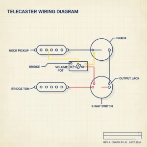 Standard three-way telecaster guitar pickups wiring diagram, showing the connections between the pickups, switch, and controls.