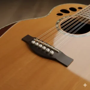 Close-up of the bridge and saddle area on the Ovation 12 string guitar to illustrate proper setup and string configuration.