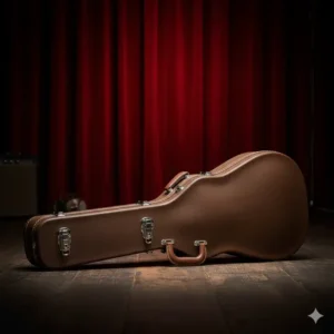 Traditional wooden dreadnought guitar case with a Tolex exterior and chrome hardware, a classic choice for secure storage. 