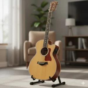 A full-body view of the dreadnought shape of this left handed acoustic electric guitar.