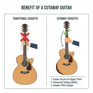 Graphic explaining the benefit of a cutaway on an acoustic guitar for soloing and higher-register playing of a cutaway acoustic guitar. 
