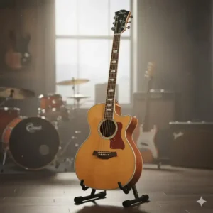 Full view of the distinctive body shape and cutaway of the dean acoustic electric guitar.
