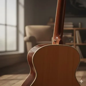 Image demonstrating the sturdy construction of the neck joint (heel) on a greg bennett acoustic guitar body.