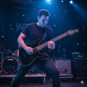 Guitarist performing live with a seven-string fanned fret guitar, demonstrating comfortable hand positioning on the angled frets. 