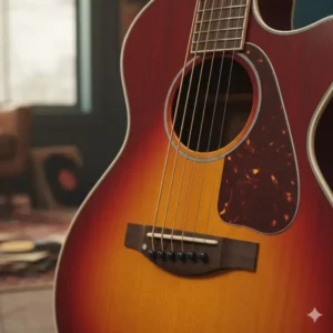 The walnut bridge and compensated saddle on the jim dandy guitar, offering reliable intonation and authentic vintage feel.