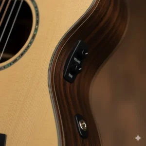 Close-up of the Fishman MX or Sonitone electronics control panel and output jack on a Martin Custom X Series guitar.