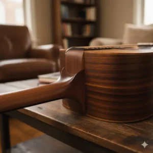 The expertly crafted dovetail neck joint where the neck meets the body on the Martin D-18. 