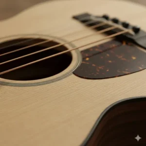 Detail of the premium wood grain on the top of the **Martin mini guitar**, showcasing its construction quality. 