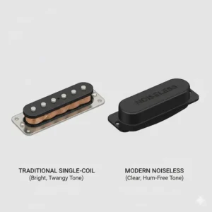 Comparison of different types of telecaster guitar pickups, including a standard single-coil and a modern noiseless variant.