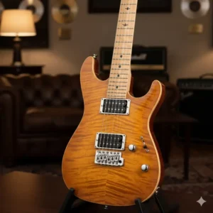 Transparent red flame maple finish on a peavey wolfgang guitar Special, showcasing the wood grain.