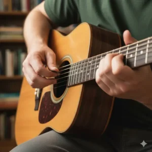 Acoustic musician demonstrating proper hand placement for strumming a flat top guitar. 