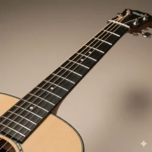 A shot of the neck and ebony fretboard of the Taylor Big Baby guitar, showcasing its playability and dot inlays.