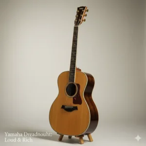 A full-size dreadnought Yamaha, popular for its loud volume and rich bass response, a top contender for the best yamaha acoustic guitar for strumming. 
