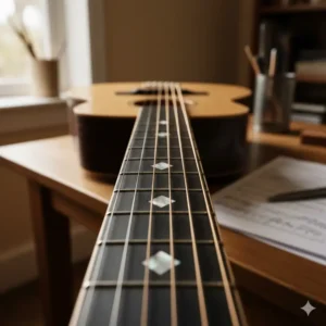 Close-up of a Collings acoustic guitar fretboard and pearl inlays, highlighting playability. 