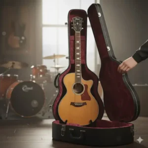 A dean acoustic electric guitar nestled inside its fitted hardshell case.