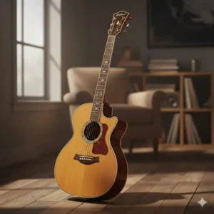 Profile view of a greg bennett acoustic guitar with a cutaway body, providing easier access to higher frets.