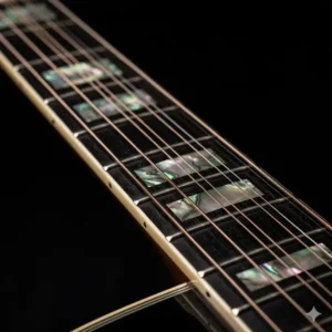 Mother-of-pearl block position markers and frets on the ebony fretboard of a Guild 12 string guitar. 