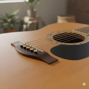 Detailed look at the rosette around the soundhole of the jasmine takamine acoustic guitar.