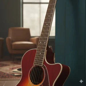 The easy-playing C-shaped neck and walnut fretboard of the jim dandy guitar, with white pearloid dot inlays.