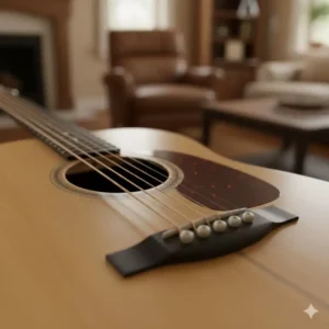 Close-up of the ebony belly-style bridge and saddle on this standard Martin D-18 model. 