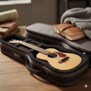 Protecting your instrument: a **Martin mini guitar** securely packed inside its padded gig bag for travel. 