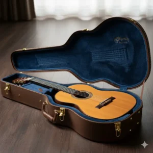 Protecting a valuable Martin nylon string guitar in its custom-fitted hard-shell case. 