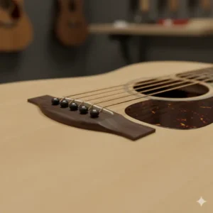 Close examination of the slim neck profile and smooth frets of the breedlove 12 string guitar. 